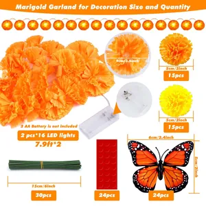 Product specifications showing dimensions and quantity of LED marigold garland kit