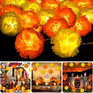 Vibrant artificial marigold LED string lights for Day of the Dead altar decorations