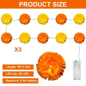 Product detail showing 1.5m marigold LED string light specifications and 30 LED count.