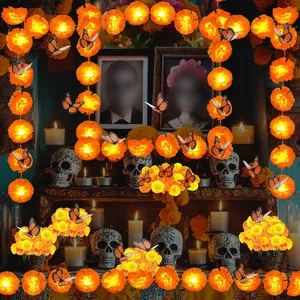 Day Of The Dead Decorations Marigold Garland LED String Lights Orange Artificial Flower Lights For Halloween Wedding Party Home Decor