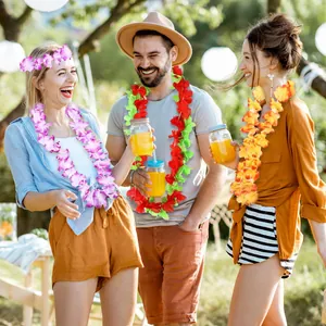Friends enjoying garden party wearing colorful Hawaiian flower leis and headband sets