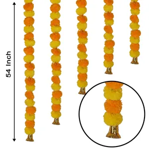 Detailed close-up of 54-inch artificial marigold garlands with decorative golden bells