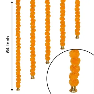 Detail of 54-inch orange artificial marigold garland with golden bell