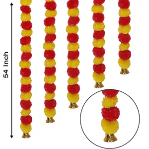 Detail of 54-inch yellow and red artificial marigold garlands with golden bells