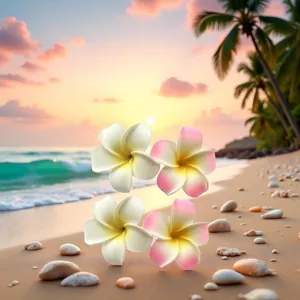Set of simulation Hawaiian plumeria foam hair clips displayed on a tropical sunset beach.