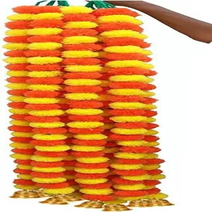 Colorful yellow and orange artificial marigold flower garlands with small golden bells