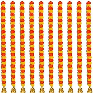 Artificial marigold flower garlands with golden bells for Day of the Dead festival decor