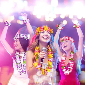 Colorful Hawaiian flower lei set with headbands and bracelets for festive party dressing.