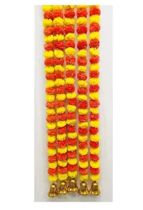 Vibrant artificial marigold flower garlands featuring decorative golden bells at the bottom