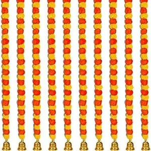 Artificial orange and yellow marigold flower garland with bells for festive decoration