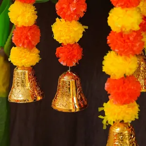 Festive artificial marigold flower garland with embossed golden bells for Day of the Dead