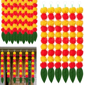 Artificial Marigold Garland Mexican Day Of The Dead Halloween Decoration Fiber Plastic Flower Vine With Mango Leaves For Wedding Party Festival Home Decor