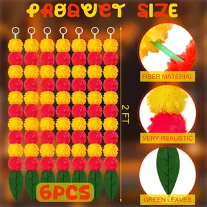 Set of 6 artificial marigold flower garlands 2ft tall for Day of the Dead festival decor.
