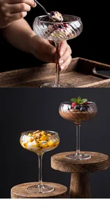 Detailed view of vintage ribbed stem glass filled with elegant chocolate mousse dessert