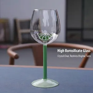 Creative high borosilicate wine glass with 3D lemon slice design and green stem