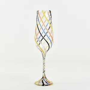Elegant flute champagne glass featuring a creative colorful spiral wire design