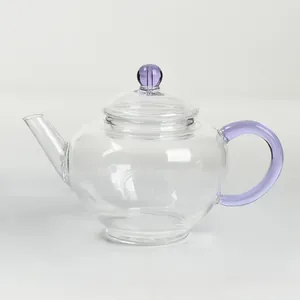 Théière en verre transparent résistant à la chaleur avec poignée violette