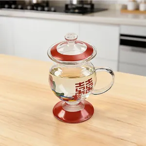 Unique vintage spittoon-shaped glass mug featuring a lid and red Double Happiness pattern