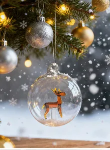 Close-up of a transparent Christmas bauble containing a miniature brown glass deer