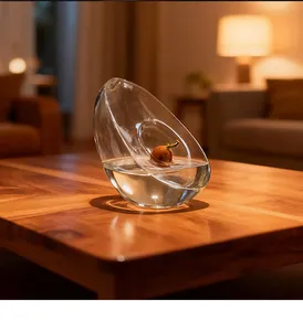 Clear glass avocado seed starter vase on a warm wooden table in a cozy home setting