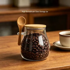 Japanese Style Borosilicate Glass Airtight Storage Jar With Bamboo Lid And Wooden Spoon Glass Food Container Coffee Jar