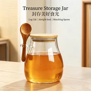 Minimalist Japanese glass storage jar with airtight wooden lid and serving wooden spoon