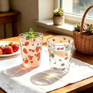 Summer fruit print glass cups for milk and coffee with strawberry and watermelon patterns