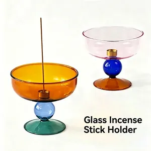 Creative Colorful Patchwork Glass Incense Holder With Metal Nine-Hole Insert Retro Geometric Candle Holder Home Decor Gift