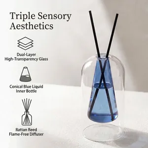 Minimalistische doppelwandige Glas-Diffusorflasche mit Duftstäbchen.