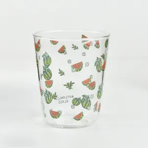 Clear high borosilicate glass cup featuring cute watermelon and leaf doodle patterns