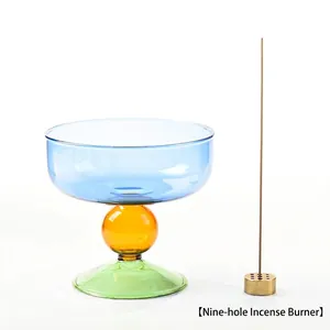 Colorful mid-century modern glass incense holder and candle holder with brass insert