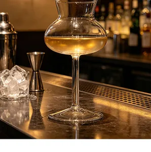 Close-up of an elegant wasp-waist cocktail glass with amber drink on a professional bar counter