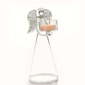 Elegant glass angel candle holder with lit tealight for romantic home wedding decor
