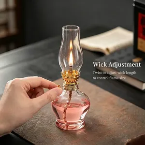 Handmade vintage adjustable glass oil lamp with pink fuel base for home tabletop decor