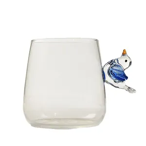 Handgefertigte Glas-Tasse mit kreativem 3D-Vogelgriff für Milch und Saft, klares Design