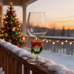 Elegante bicchiere da vino ghirlanda di Natale con fiocco rosso su balcone innevato