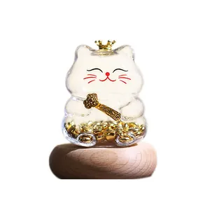Pot de rangement mignon chat porte-bonheur en verre avec couronne dorée et socle en bois