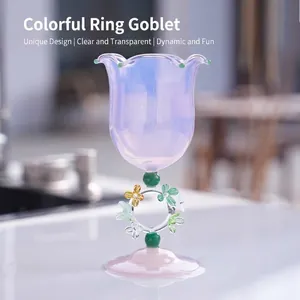 Copa de Vino Irisada Borde de Pétalo Mango de Anillo con Flores Hechas a Mano Cáliz Elegante Rosa Púrpura