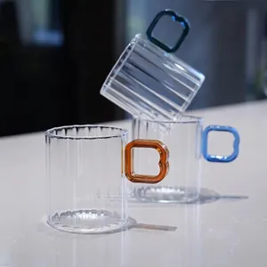 Minimalist Ribbed Borosilicate Glass Cup With Colored Geometric Handle Transparent Heat Resistant Breakfast Coffee Milk Mug