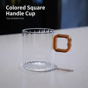 Elegant ribbed borosilicate glass mug featuring a stylish amber square handle for coffee and milk