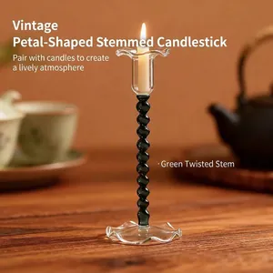 European Retro Flower Bud Petal Glass Candlestick Spiral Twisted Stem Candle Holder Elegant Wedding Party Home Decor Accessory