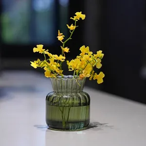 Nordic retro ribbed green glass vase for flower arrangement and home decor