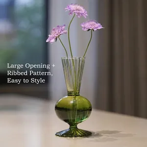 Vintage Nordic style green striped glass vase for home decor and flower arrangement