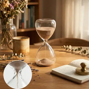 Sablier minimaliste nordique en verre sur table en bois pour décoration de maison.