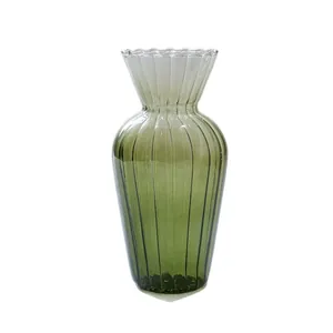 Vintage emerald green ribbed glass flower vase with elegant Nordic style for home decor
