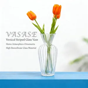 Moderno Vaso in Vetro a Righe Con Bocca a Onde Minimalista Vaso di Fiori Trasparente a Coste per Arredamento Casa Soggiorno Ufficio