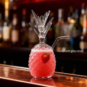 Creative Pineapple Shape Embossed Glass Cocktail Cup With Straw And Lid Novelty Juice Beverage Drinking Glass For Bar Home