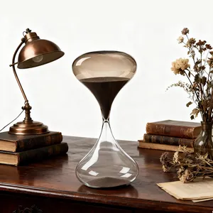 Clessidra vintage in vetro a forma di manubrio con sabbia nera su tavolo legno