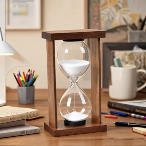 Vintage walnut wood frame glass hourglass with white sand for 30-minute desktop decoration