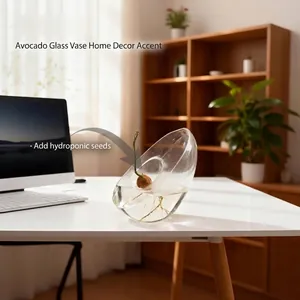 Modern avocado-shaped glass hydroponic vase for seed starting on a minimalist white desk